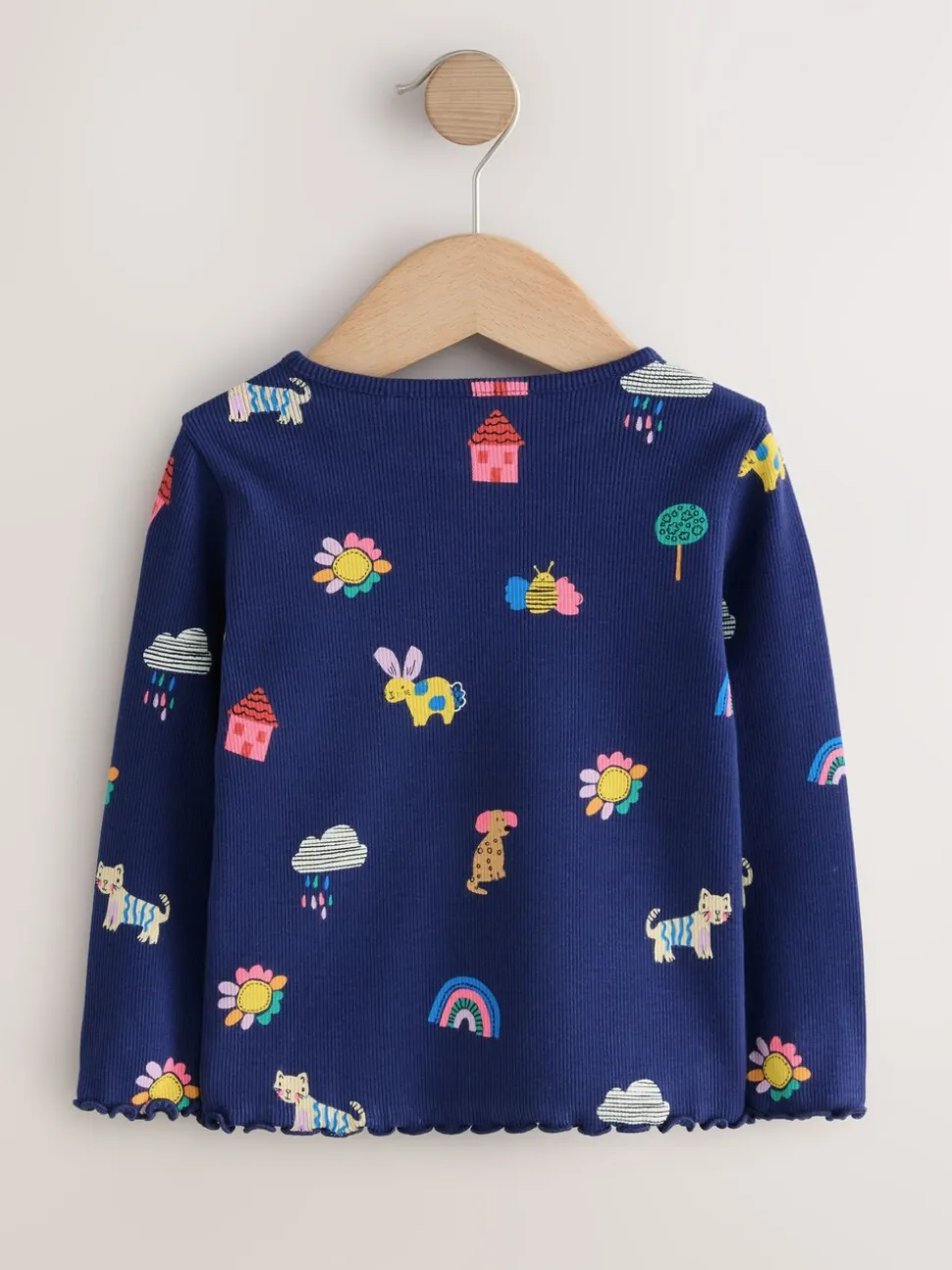 Marineblauw met katten- en hondenprint - Geribbeld T-shirt met lange mouwen (3mnd-7jr)