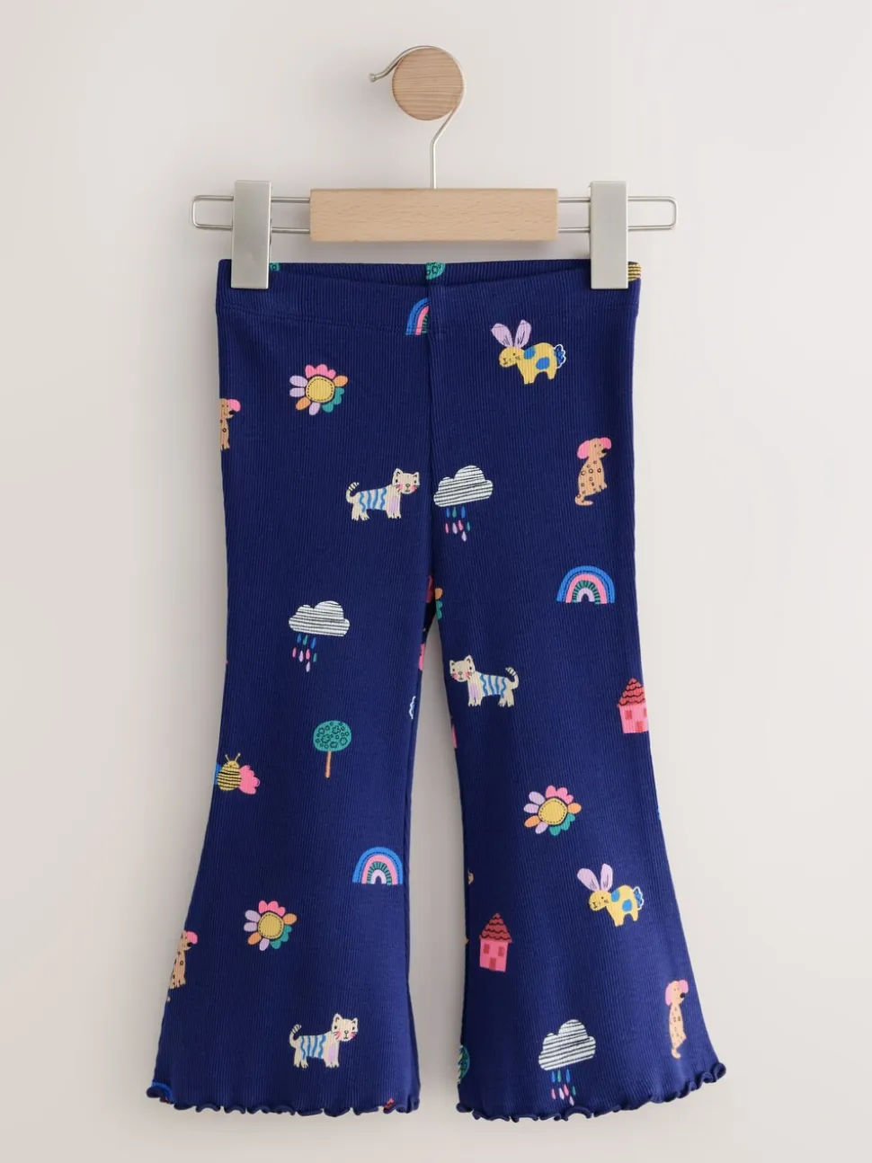 Marineblauw met katten- en hondenprint - Geribbelde legging met uitlopende pijpen (3mnd-7jr)
