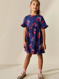 Marineblauw met kersenprint - Jersey jurk met korte mouwen (3-16 jr)