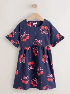 Marineblauw met kersenprint - Jersey jurk met korte mouwen (3-16 jr)