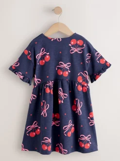 Marineblauw met kersenprint - Jersey jurk met korte mouwen (3-16 jr)