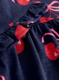 Marineblauw met kersenprint - Jersey jurk met korte mouwen (3-16 jr)