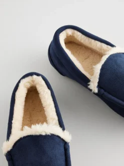 Marineblauw met neutrale warme voering - Behaaglijke pantoffels met mocassin