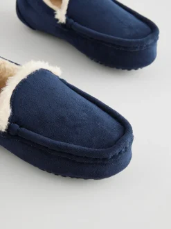 Marineblauw met neutrale warme voering - Behaaglijke pantoffels met mocassin