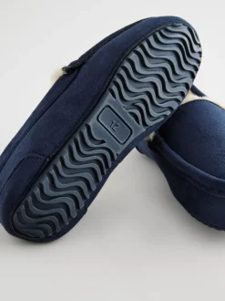 Marineblauw met neutrale warme voering - Behaaglijke pantoffels met mocassin