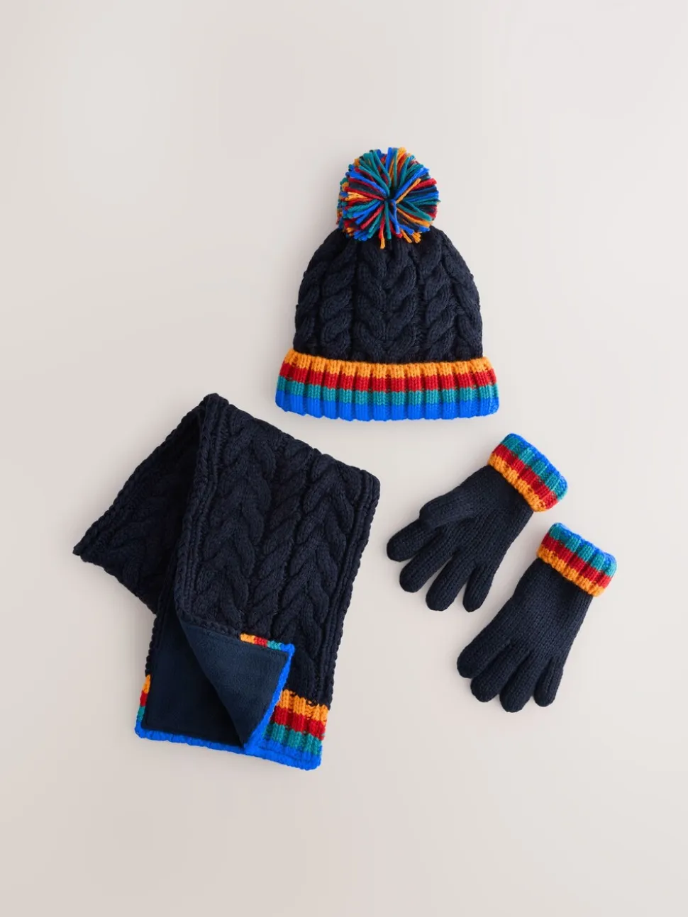 Marineblauw met regenboogrib - Set van 3 -delige muts, sjaal en handschoenen (3-16jr)