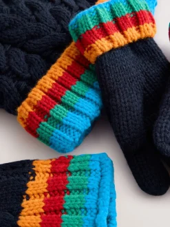Marineblauw met regenboogrib - Set van 3 -delige muts, sjaal en handschoenen (3-16jr)