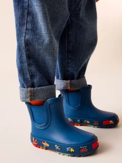 Marineblauw met voertuigprint - Enkelhoge regenlaarzen