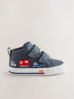 Marineblauw met voertuigprint - Hoge schoenen met klittenbandsluiting