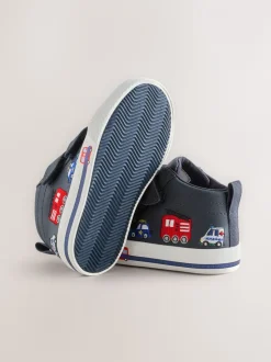 Marineblauw met voertuigprint - Hoge schoenen met klittenbandsluiting