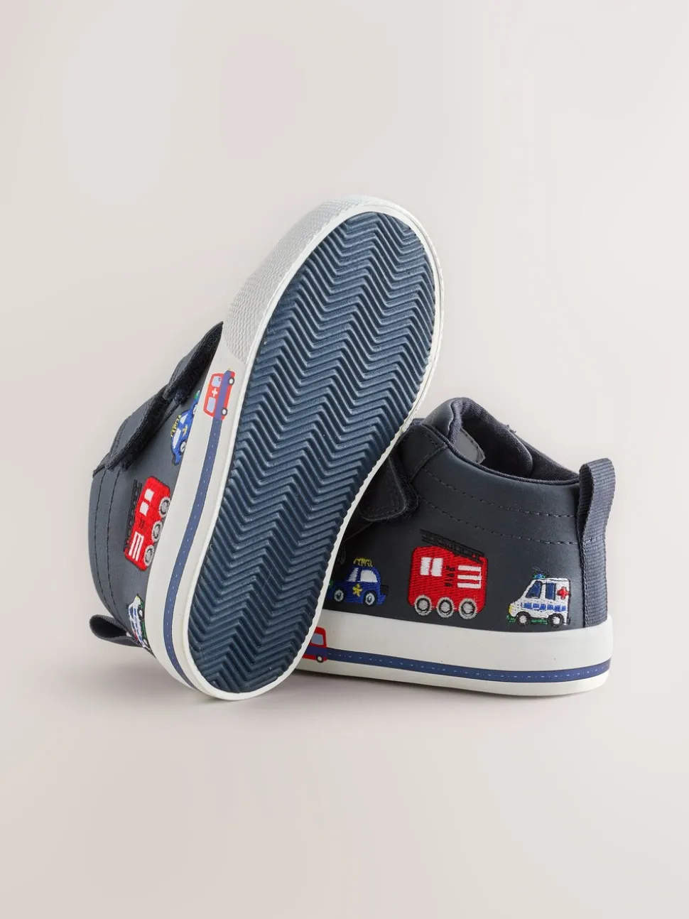 Marineblauw met voertuigprint - Hoge schoenen met klittenbandsluiting