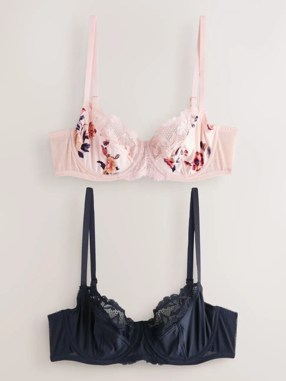 Marineblauw/crème met bloemenprint - Niet opgevulde beha's met hele cup