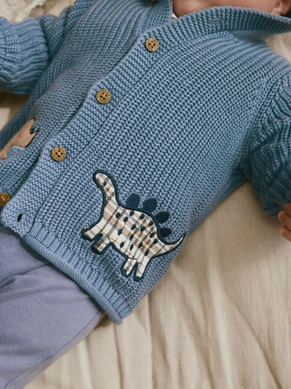 Marineblauwe dinosaurusprint geborduurd - Gebreid babyvest met capuchon (0 mnd-2 jr)