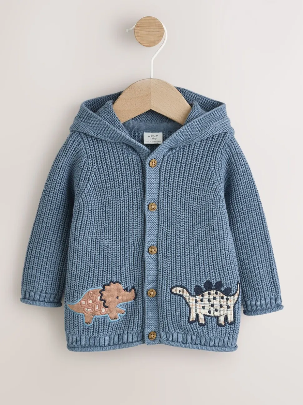 Marineblauwe dinosaurusprint geborduurd - Gebreid babyvest met capuchon (0 mnd-2 jr)