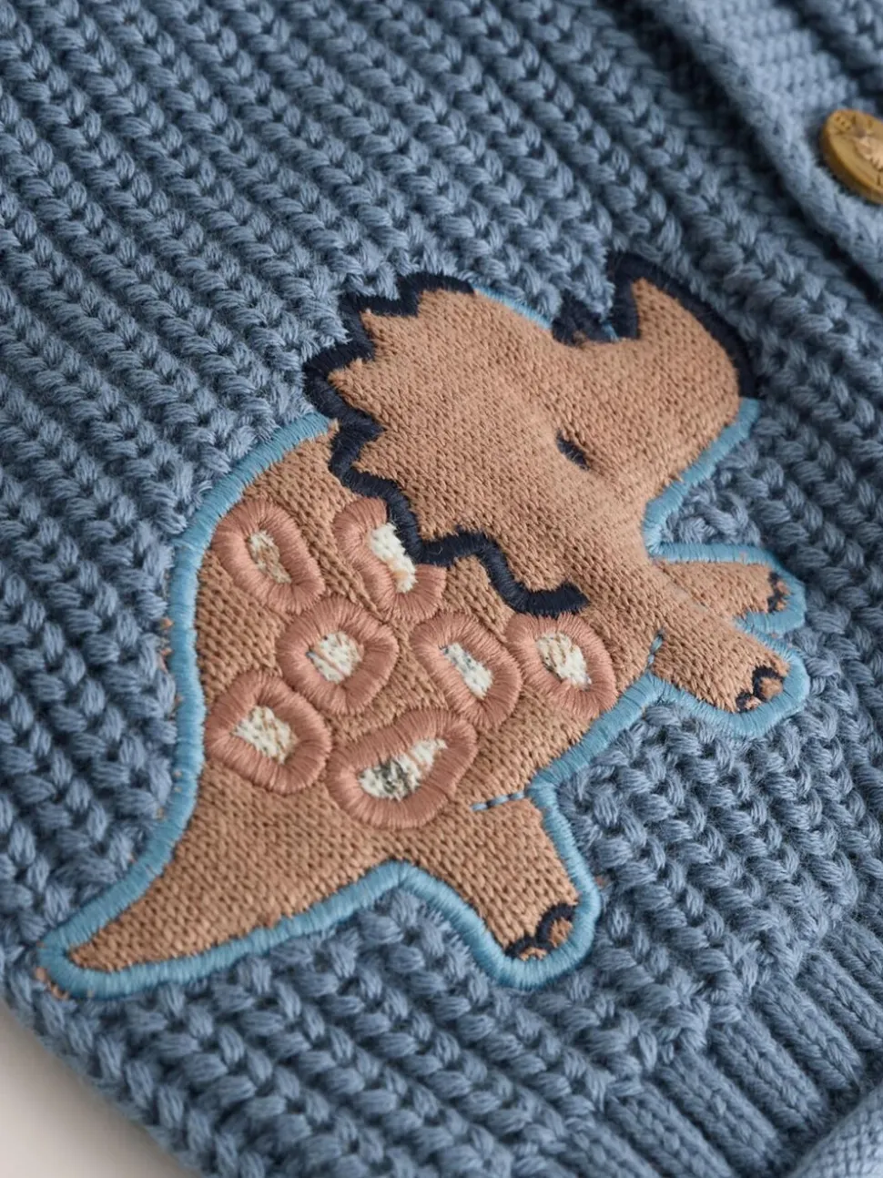 Marineblauwe dinosaurusprint geborduurd - Gebreid babyvest met capuchon (0 mnd-2 jr)