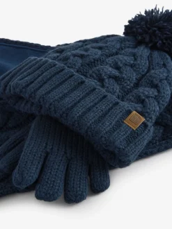 Marineblauwe kabelgebreide trui - Hoed, Handschoenen & Sjaals 3 delige Set (3-16jaar)