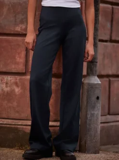 Marineblauwe krijtstreep - Smoothing Ponte Jersey Broek met Wijde Pijpen