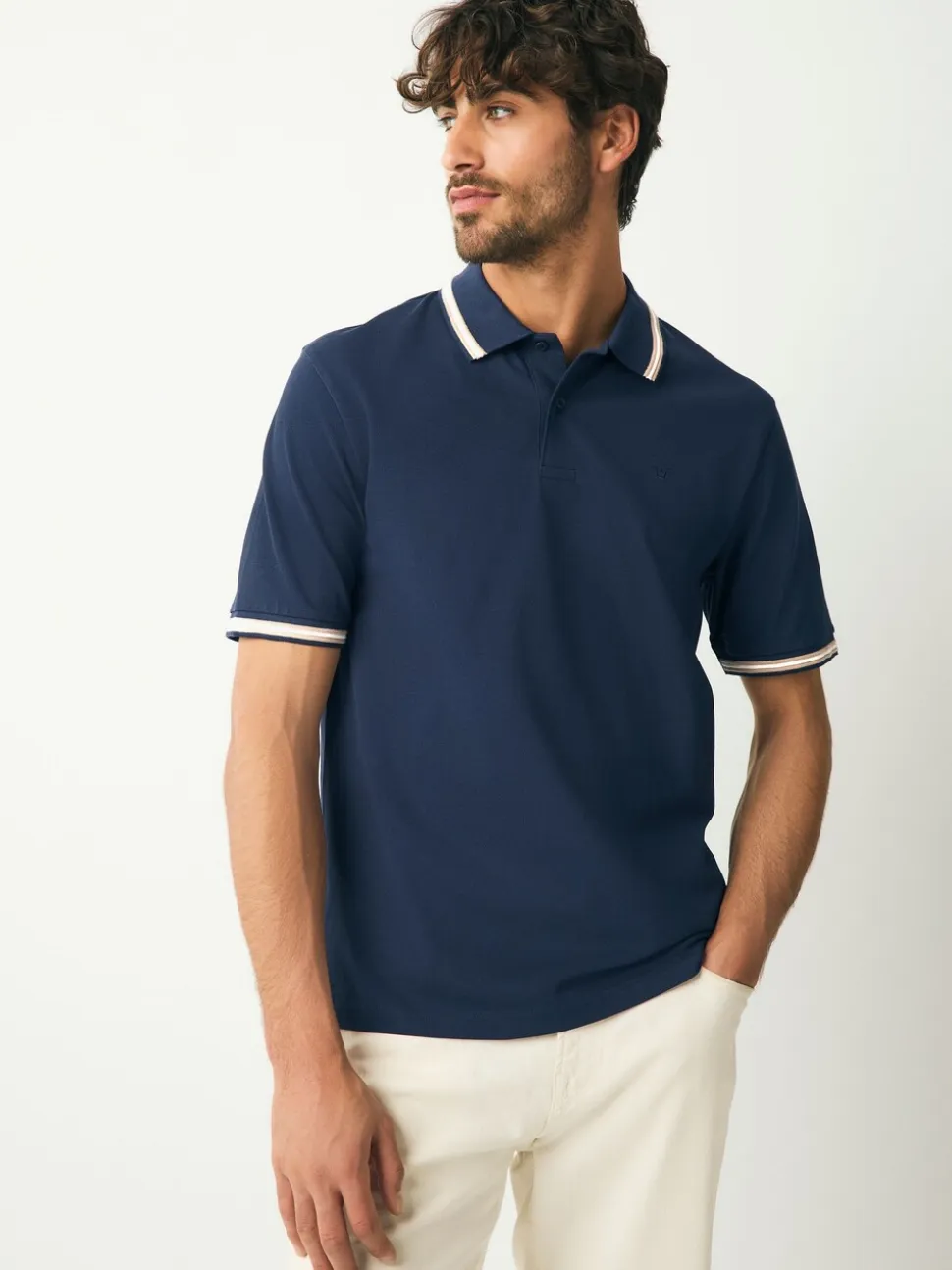 Marineblauwe Ottoman - Regular fit poloshirt met korte mouwen en contrasterende randen