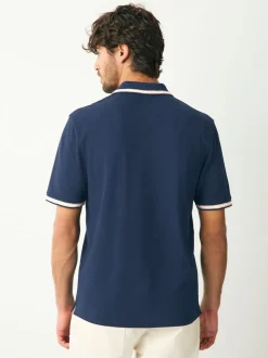 Marineblauwe Ottoman - Regular fit poloshirt met korte mouwen en contrasterende randen