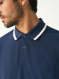 Marineblauwe Ottoman - Regular fit poloshirt met korte mouwen en contrasterende randen