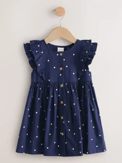 Marineblauwe stip - Double Ruffle Sleeve Dress (3mths-8yrs)