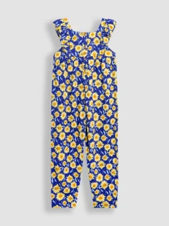 Marineblauwe zonnebloem - JoJo Maman Bébé jumpsuit met ruches vooraan