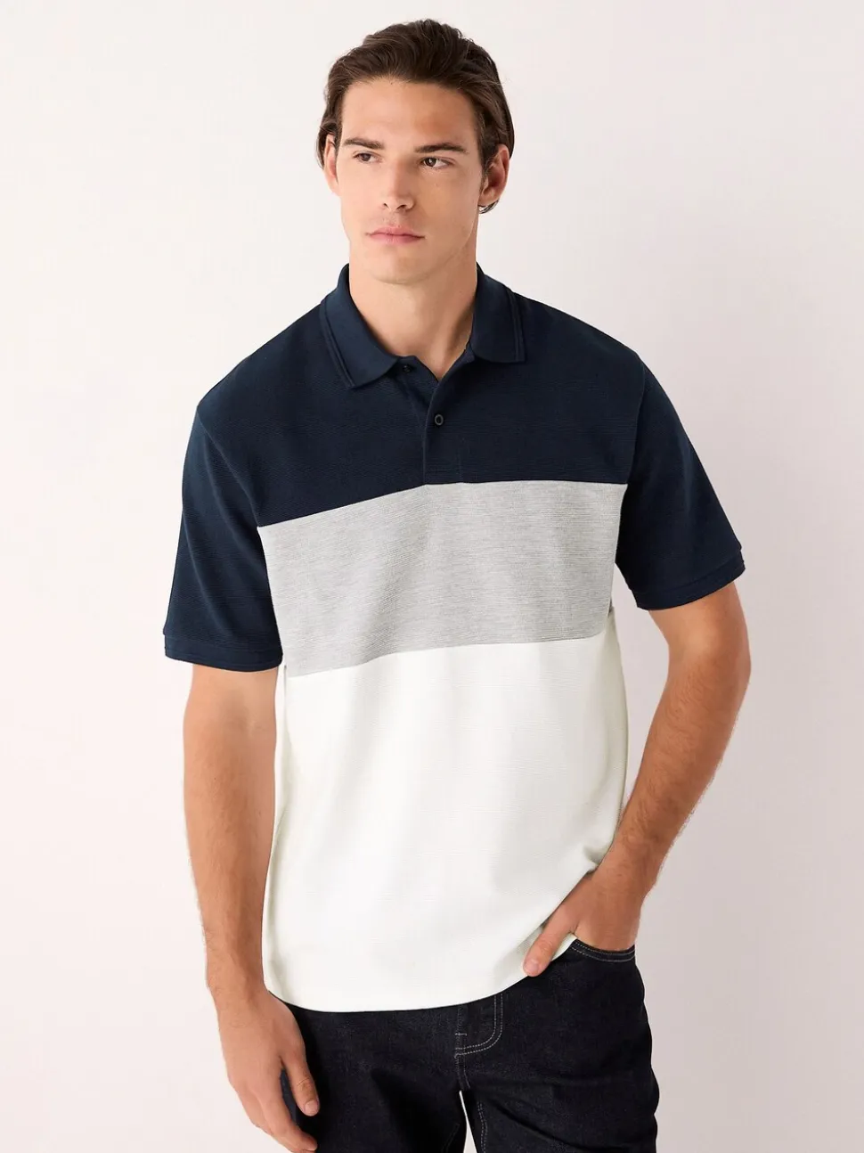 Marineblauw/grijs - 100% katoenen poloshirt met korte mouwen, knopen en kleurvlakken