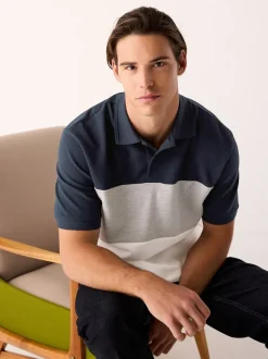 Marineblauw/grijs - 100% katoenen poloshirt met korte mouwen, knopen en kleurvlakken