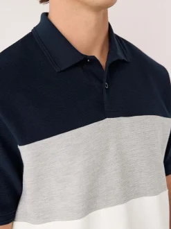 Marineblauw/grijs - 100% katoenen poloshirt met korte mouwen, knopen en kleurvlakken