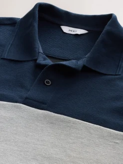 Marineblauw/grijs - 100% katoenen poloshirt met korte mouwen, knopen en kleurvlakken