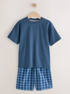 Marineblauw/grijs - 2 Pack Geweven Ruit Oversized Pyjama's (3-16jr)