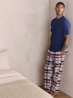 Marineblauw/grijs - Geruite geweven pyjamaset met korte mouwen