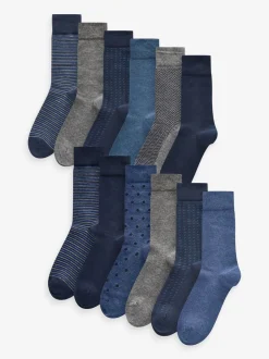 Marineblauw/grijs met motief - Verpakking van 12 - Herensokken met hoog katoengehalte