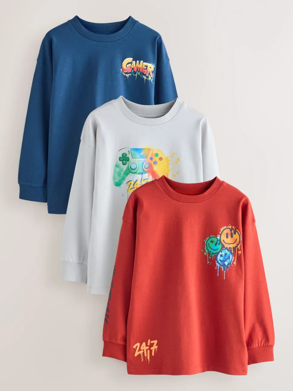 Marineblauw/grijs/rood Gamer - 3 Relaxed Fit T-shirts met grafische print en lange mouwen (3-16jr)
