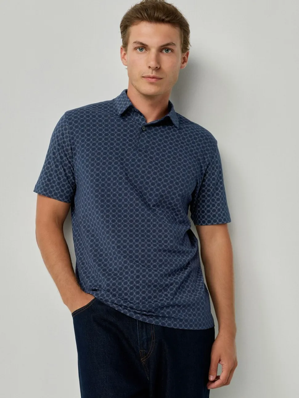 Marineblauw/groen/bordeauxrood/geometrisch - Set van 3 jersey poloshirts met korte mouwen