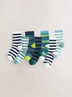 Marineblauw/groene strepen - Verpakking van 7 paar sokken met hoog aandeel katoen