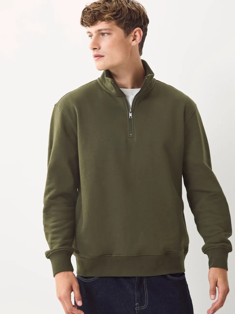 Marineblauw/kakigroen - 2 Pack Zware Jersey Sweatshirts met Hoog Katoengehalte en Kwartrits bij de Hals