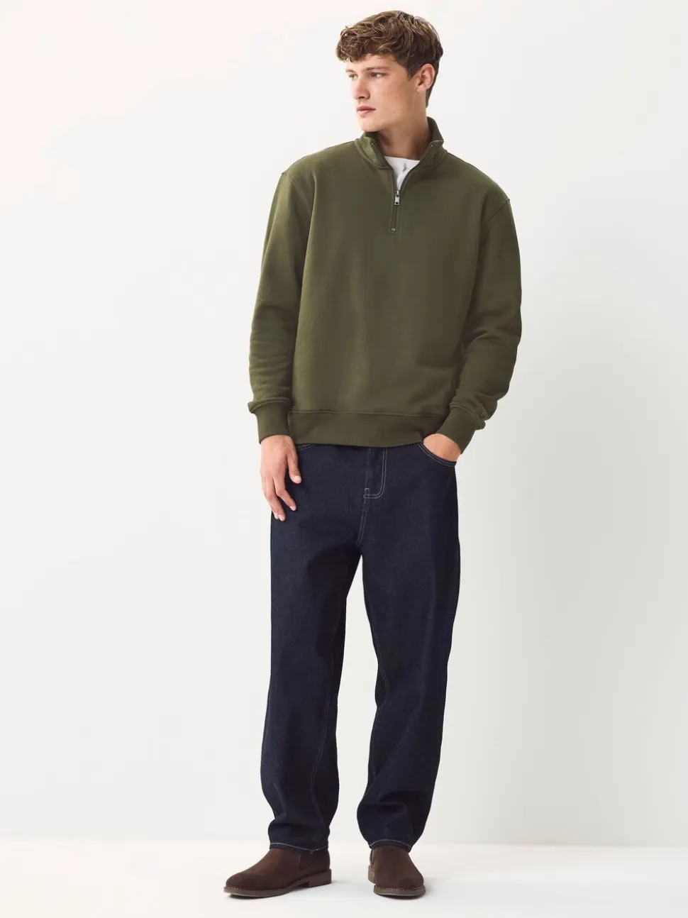 Marineblauw/kakigroen - 2 Pack Zware Jersey Sweatshirts met Hoog Katoengehalte en Kwartrits bij de Hals