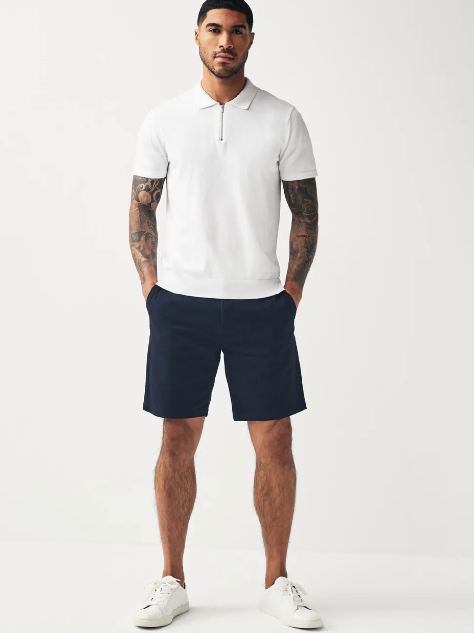 Marineblauw/kiezelkleurig - Straight fit - Set van 2 chinoshorts met stretch