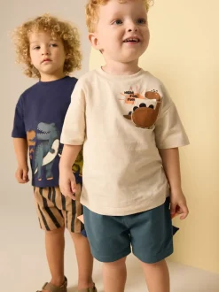 Marineblauw/kiezelkleurig - Set van 2 T-shirts met korte mouwen en shorts (3 mnd - 7 jr) (3 mnd - 7 jr)
