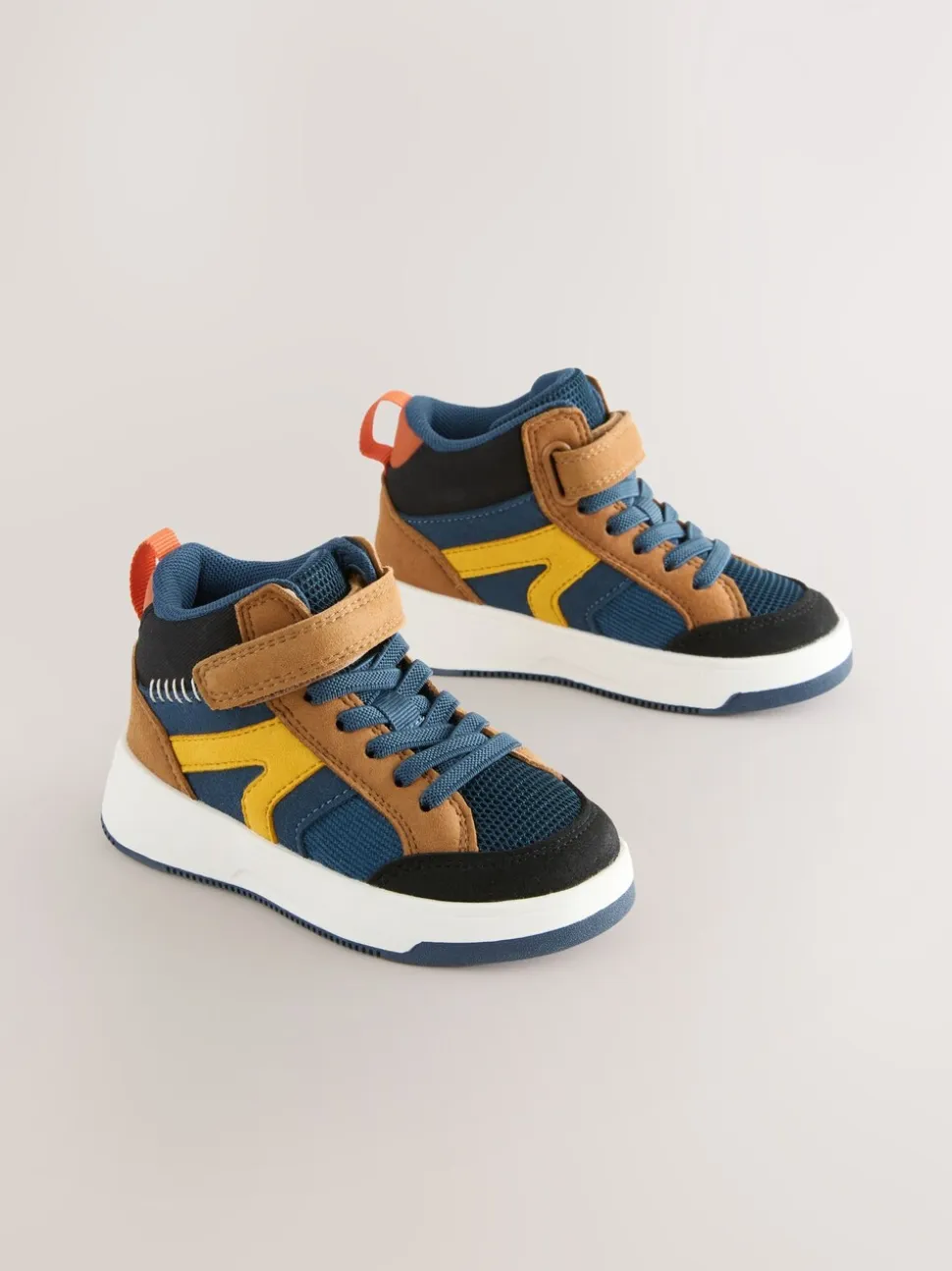 Marineblauw/Lichtbruin Kleurblok - Hoge sneakers met klittenbandsluiting en elastische veters