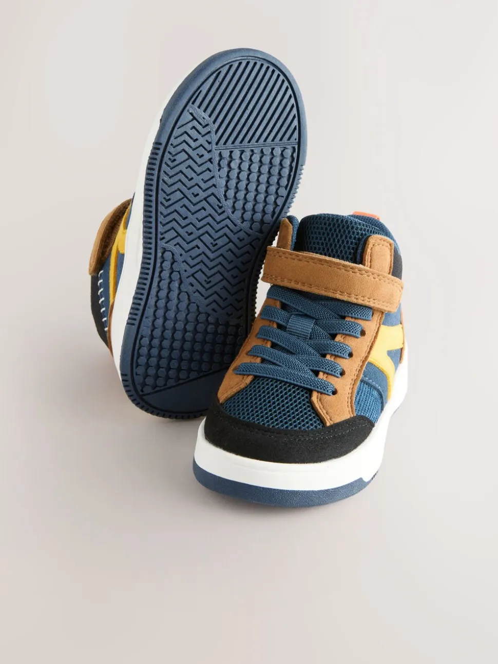 Marineblauw/Lichtbruin Kleurblok - Hoge sneakers met klittenbandsluiting en elastische veters
