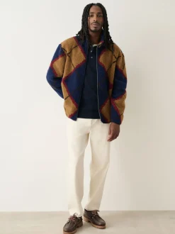 Marineblauw/Lichtbruin/Bruin Argyle - Volledig doorlopende rits - Fleece trui met print