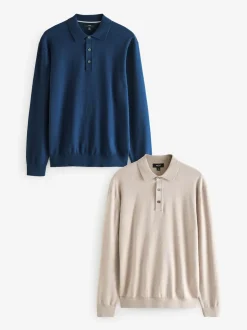 Marineblauw/naturel - Gebreide poloshirts met lange mouwen 2 -pack