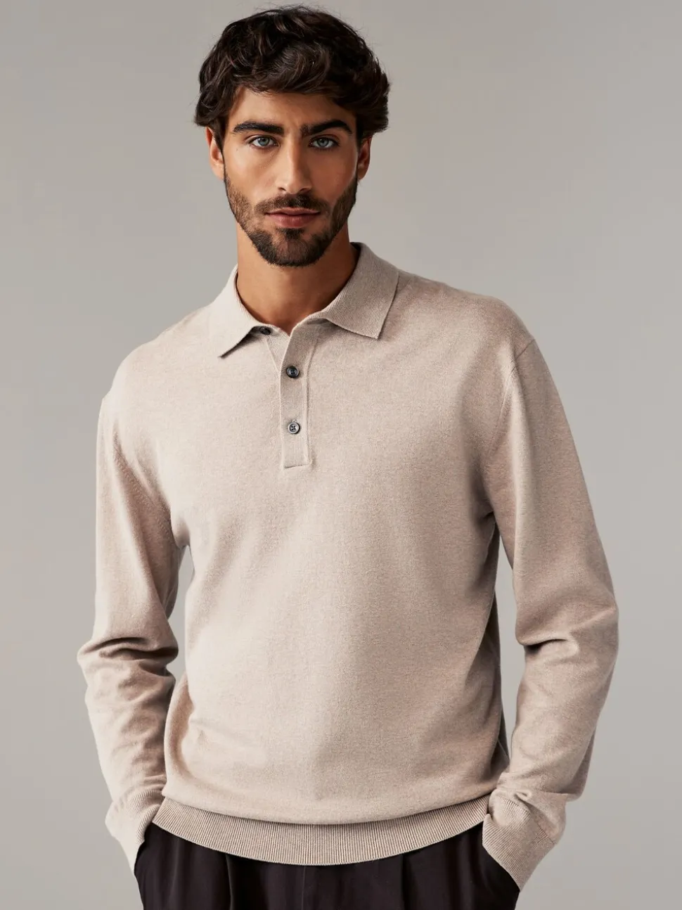 Marineblauw/naturel - Gebreide poloshirts met lange mouwen 2 -pack