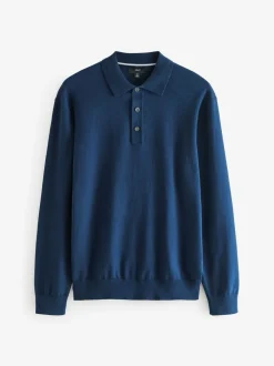 Marineblauw/naturel - Gebreide poloshirts met lange mouwen 2 -pack