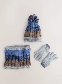 Marineblauw/naturel - Muts, Handschoenen & colsjaal 3 -delige Set (3-16jr)
