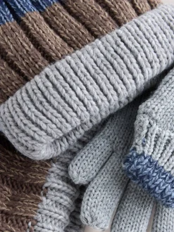Marineblauw/naturel - Muts, Handschoenen & colsjaal 3 -delige Set (3-16jr)