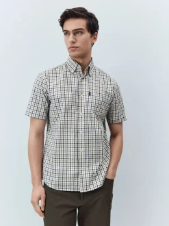 Marineblauw/neutrale gingham-ruit - Strijvrij Oxford overhemd met korte mouwen en knopen