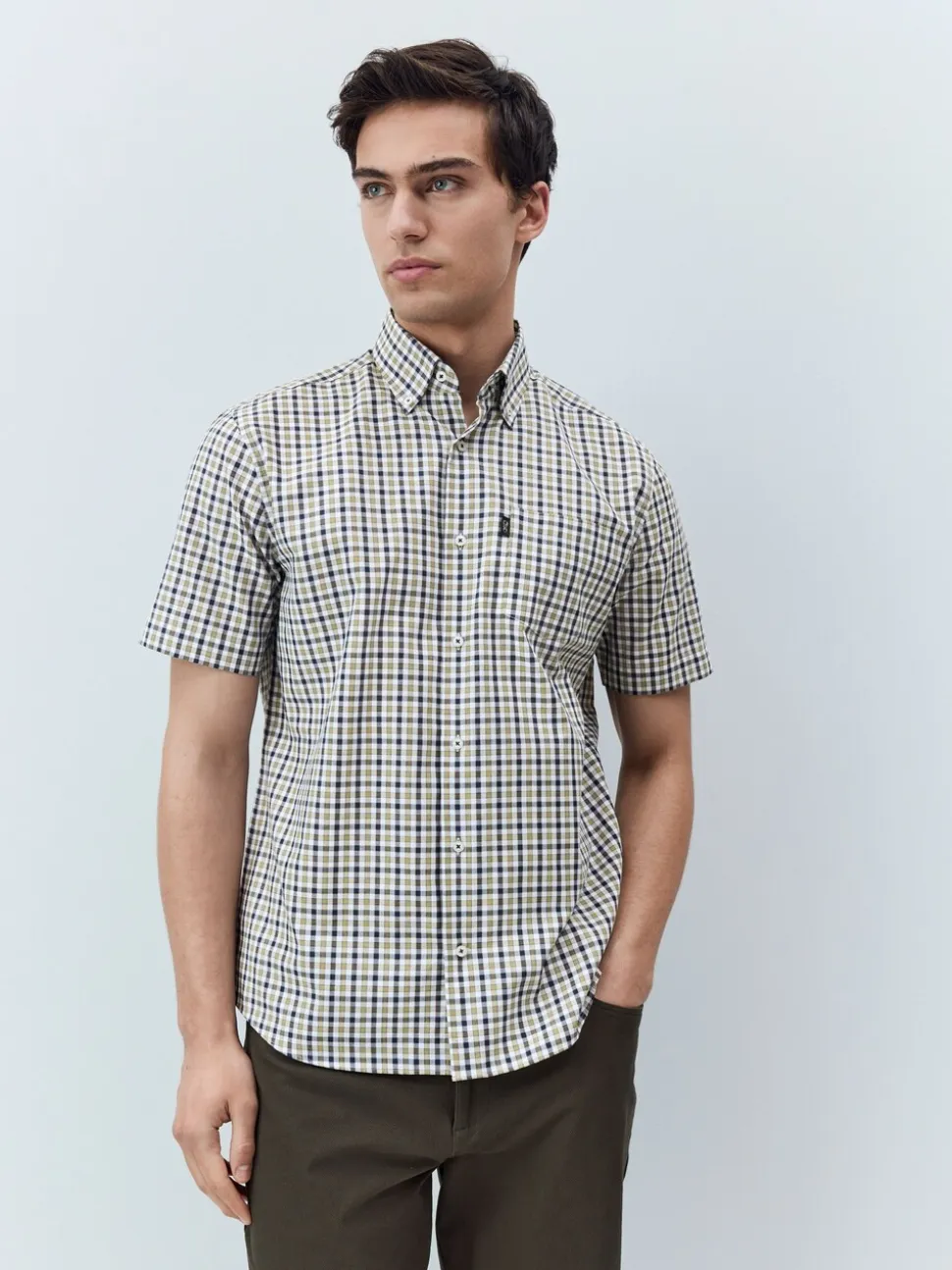 Marineblauw/neutrale gingham-ruit - Strijvrij Oxford overhemd met korte mouwen en knopen